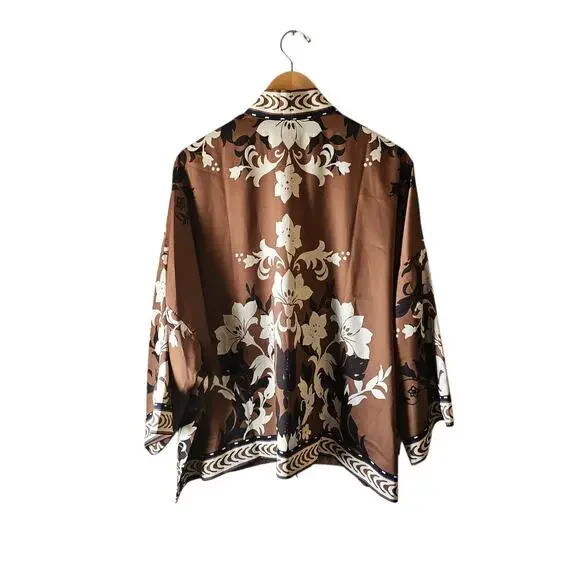 CHICO'S sz L/XL Short Border Kimono In Briar Brown silky cream navy accent - Picture 3 of 6